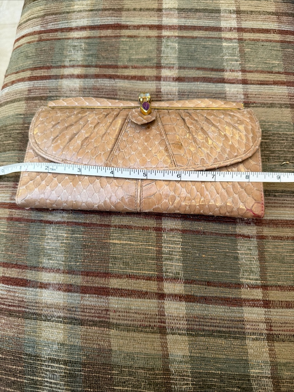 Judith Leiber Peach Snake-Embossed Leather Clutch with Gold-Tone Accent